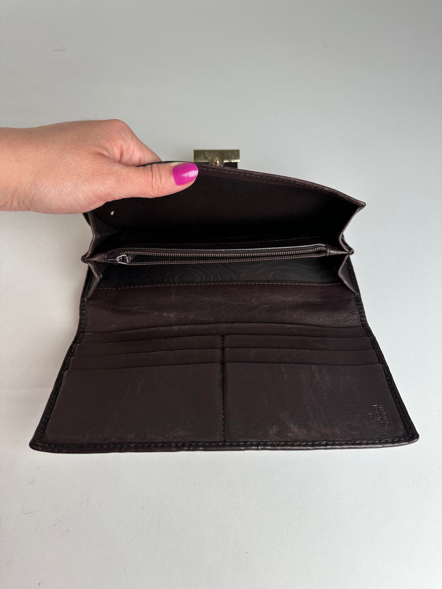 Vintage Gucci Leather Monogram Long Wallet Brown