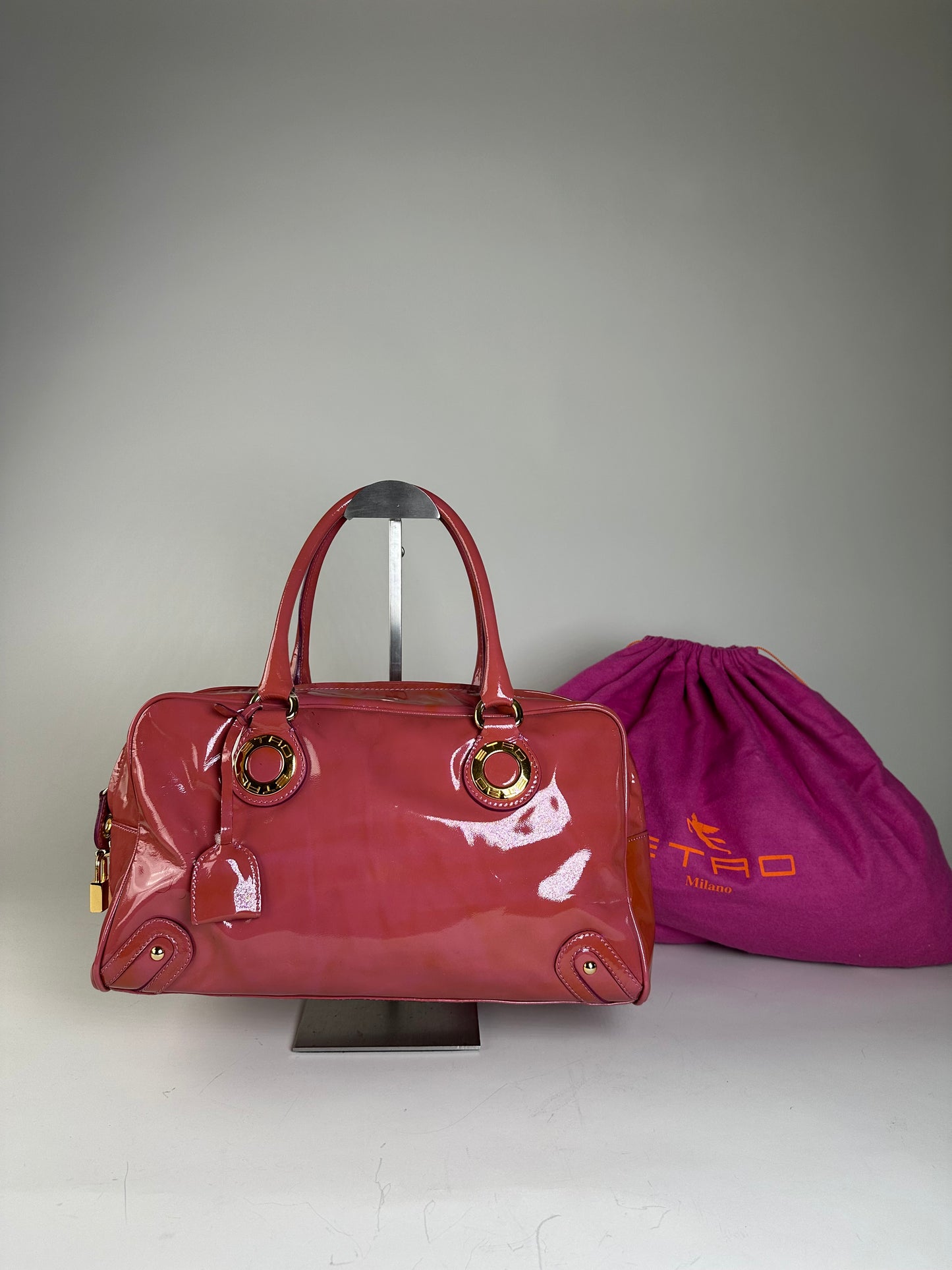 Vintage Etro Patent Leather Handbag Pink Gold