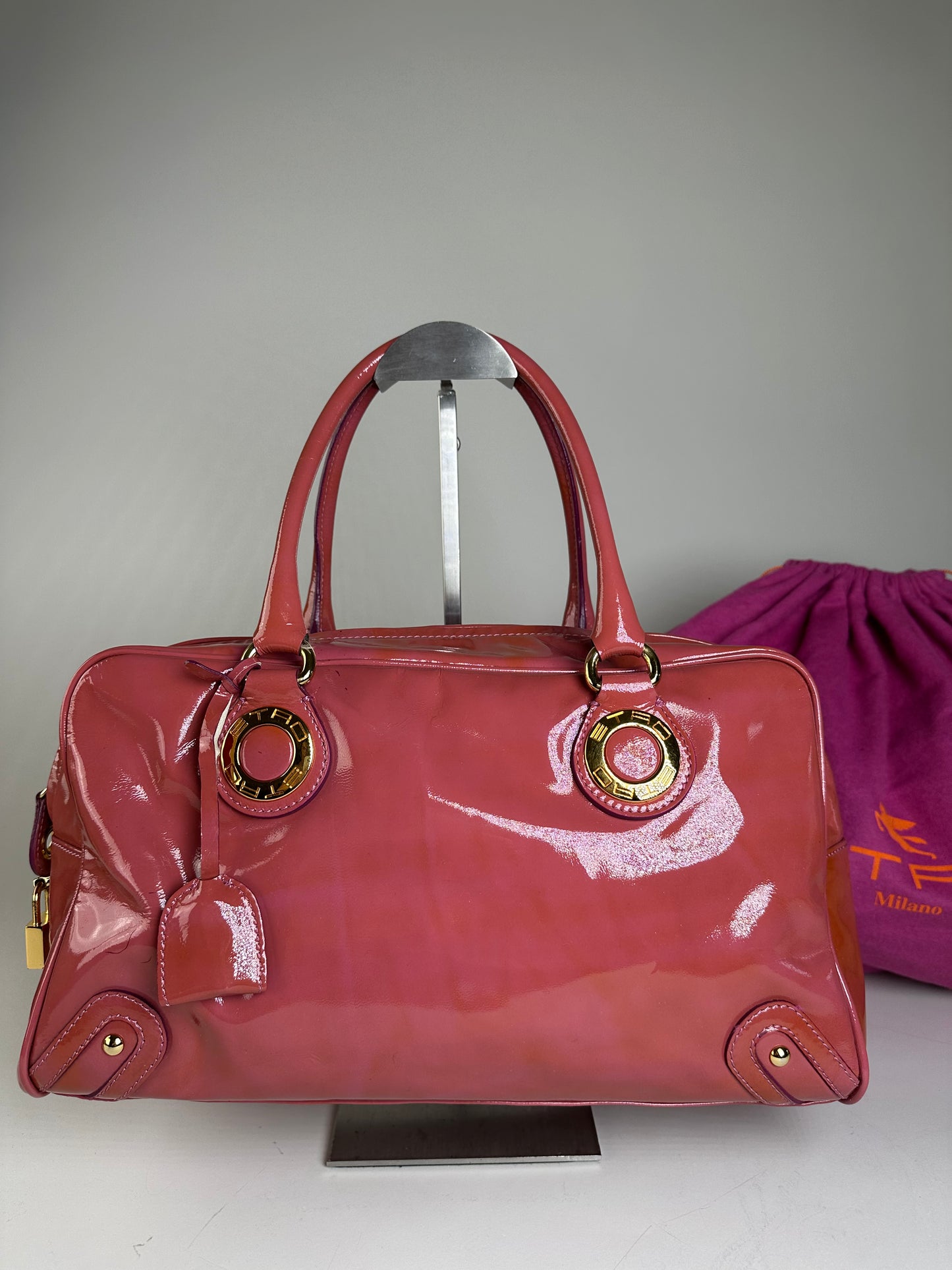 Vintage Etro Patent Leather Handbag Pink Gold