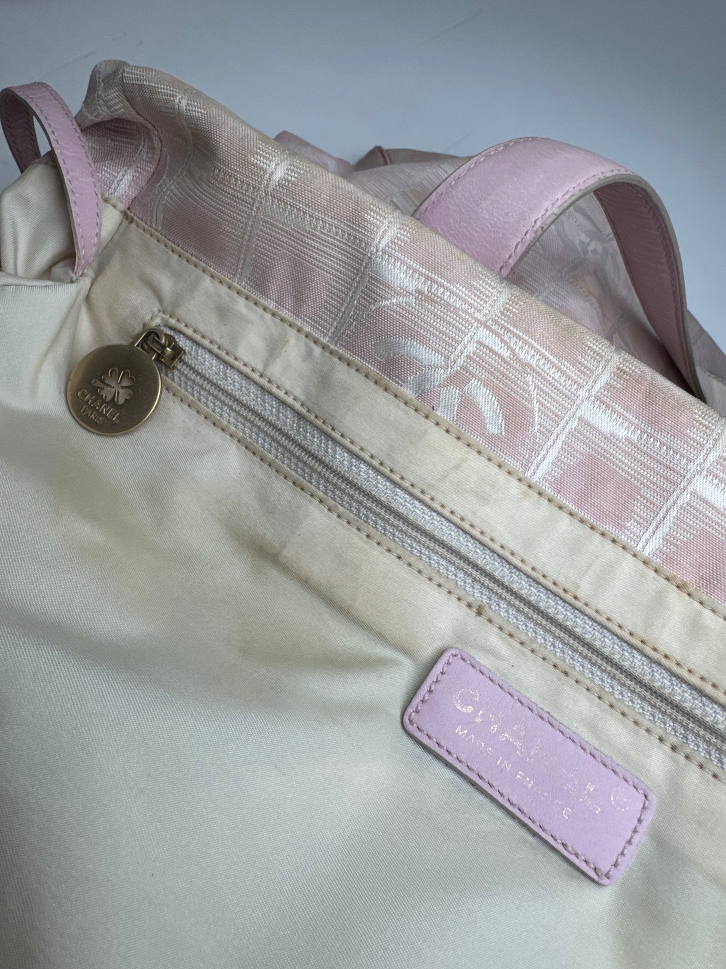 Vintage Chanel Canvas Leather Tote Bag Pink White