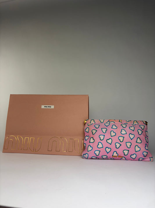 Vintage Miu Miu Heart Print Fabric Pouch c. Mid-2010s Pink Blue