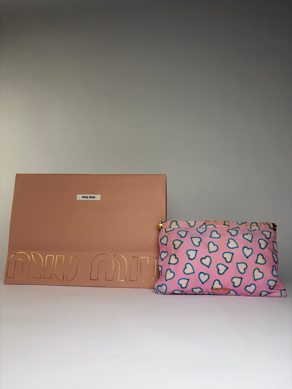 Vintage Miu Miu Heart Print Fabric Pouch c. Mid-2010s Pink Blue
