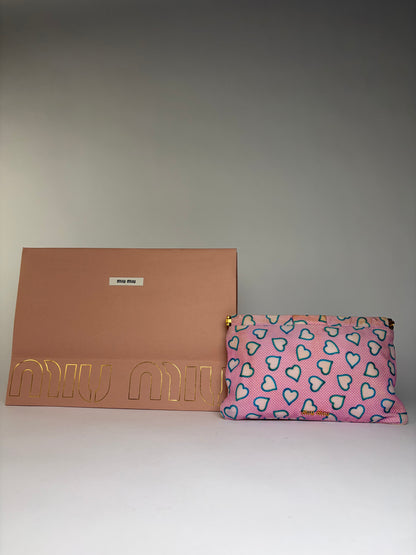 Vintage Miu Miu Heart Print Fabric Pouch c. Mid-2010s Pink Blue