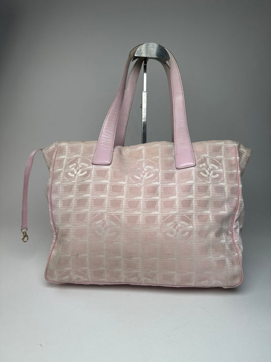 Vintage Chanel Canvas Leather Tote Bag Pink White