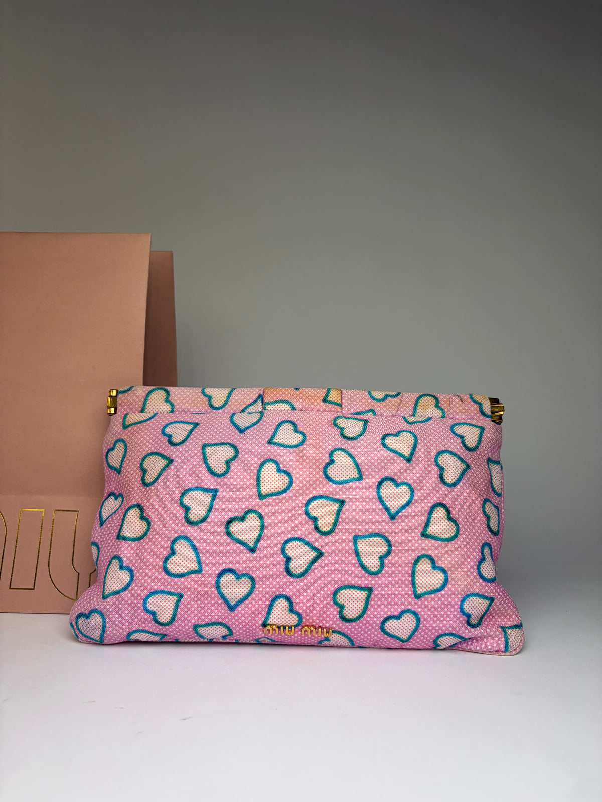Vintage Miu Miu Heart Print Fabric Pouch c. Mid-2010s Pink Blue