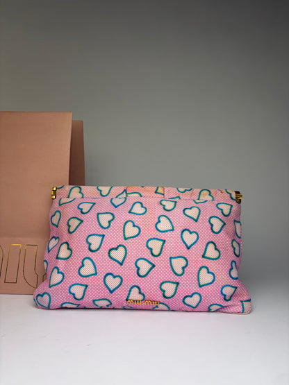 Vintage Miu Miu Heart Print Fabric Pouch c. Mid-2010s Pink Blue