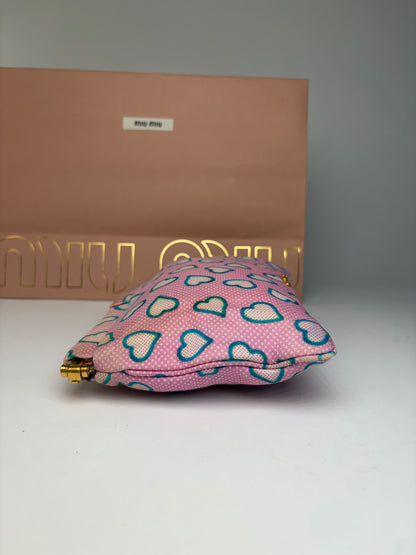 Vintage Miu Miu Heart Print Fabric Pouch c. Mid-2010s Pink Blue