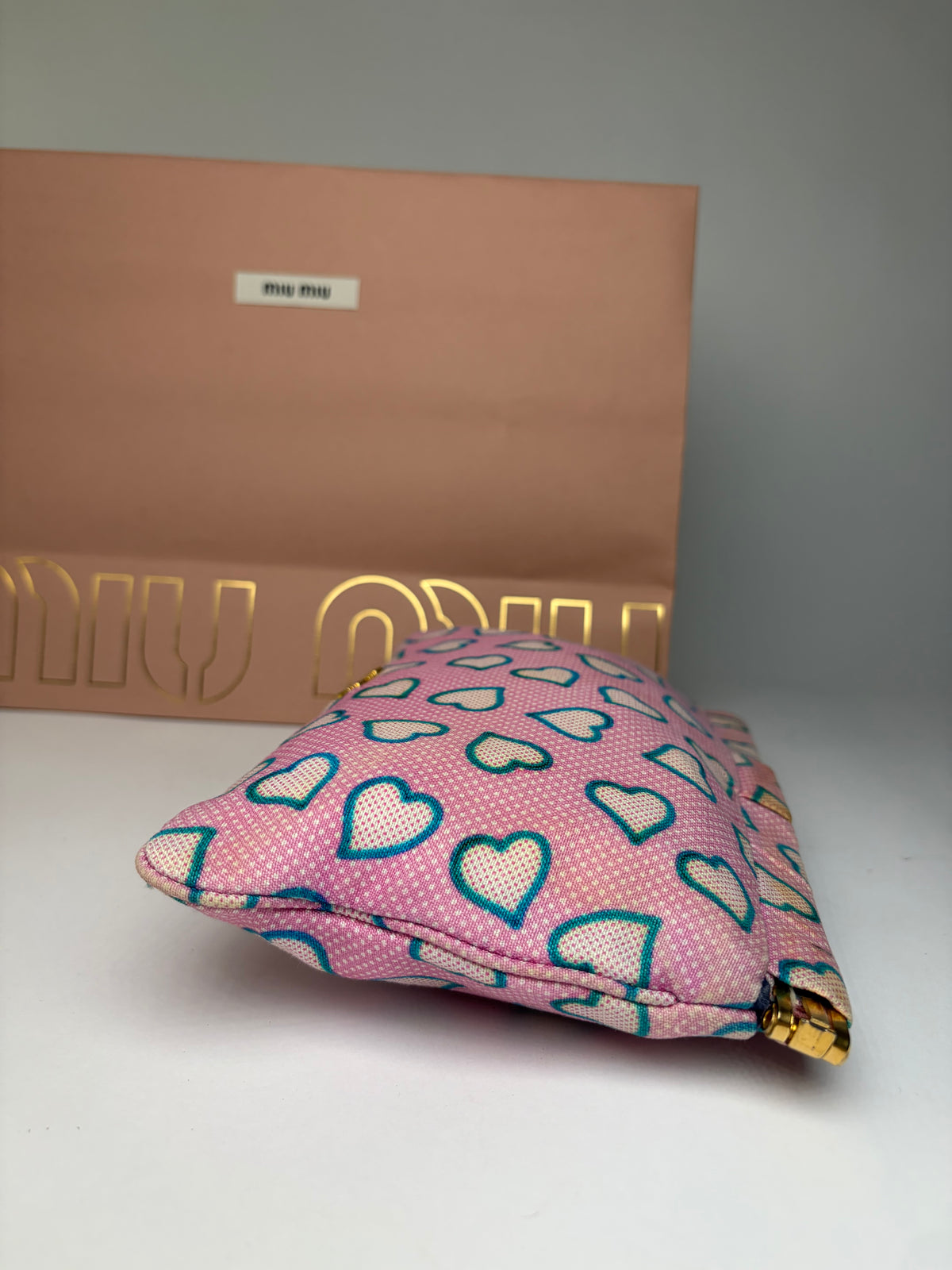 Vintage Miu Miu Heart Print Fabric Pouch c. Mid-2010s Pink Blue