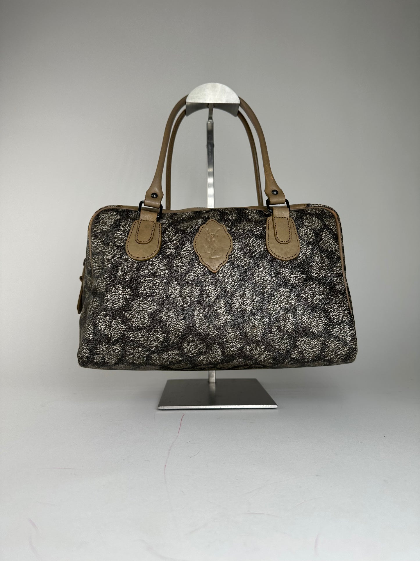 Vintage Yves Saint Laurent Stone Emblossed Leather Boston Bag Grey Black Brown