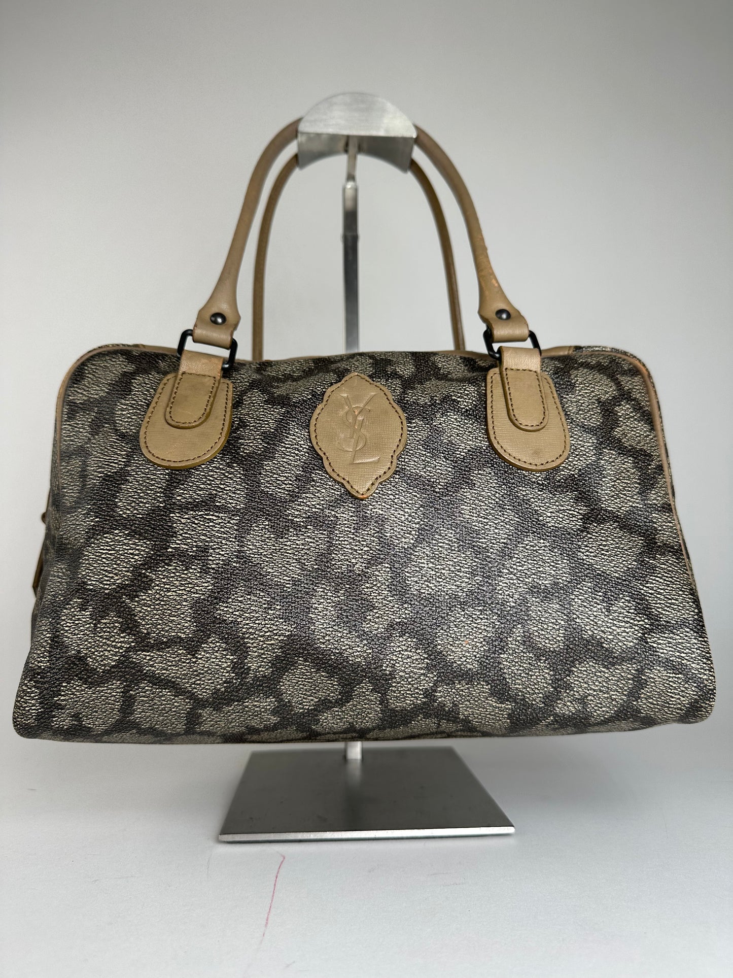 Vintage Yves Saint Laurent Stone Emblossed Leather Boston Bag Grey Black Brown