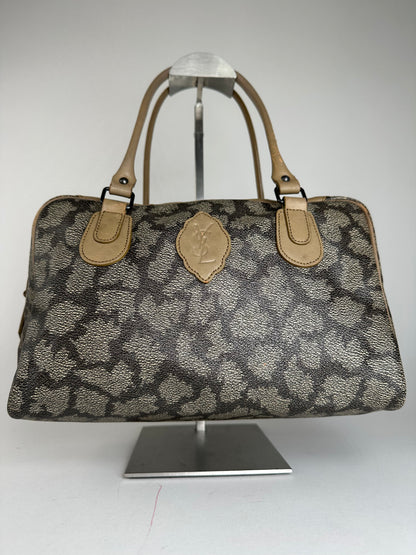Vintage Yves Saint Laurent Stone Emblossed Leather Boston Bag Grey Black Brown