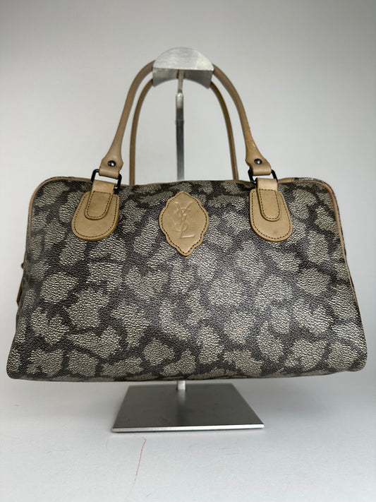 Vintage Yves Saint Laurent Stone Emblossed Leather Boston Bag Grey Black Brown