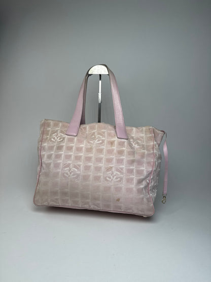 Vintage Chanel Canvas Leather Tote Bag Pink White