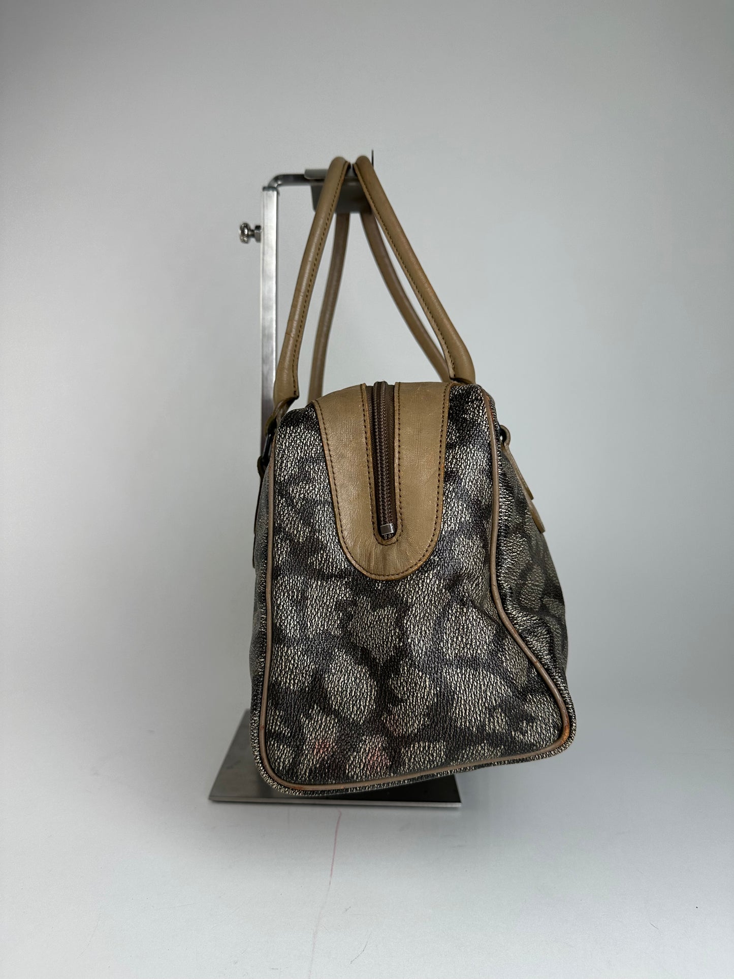 Vintage Yves Saint Laurent Stone Emblossed Leather Boston Bag Grey Black Brown