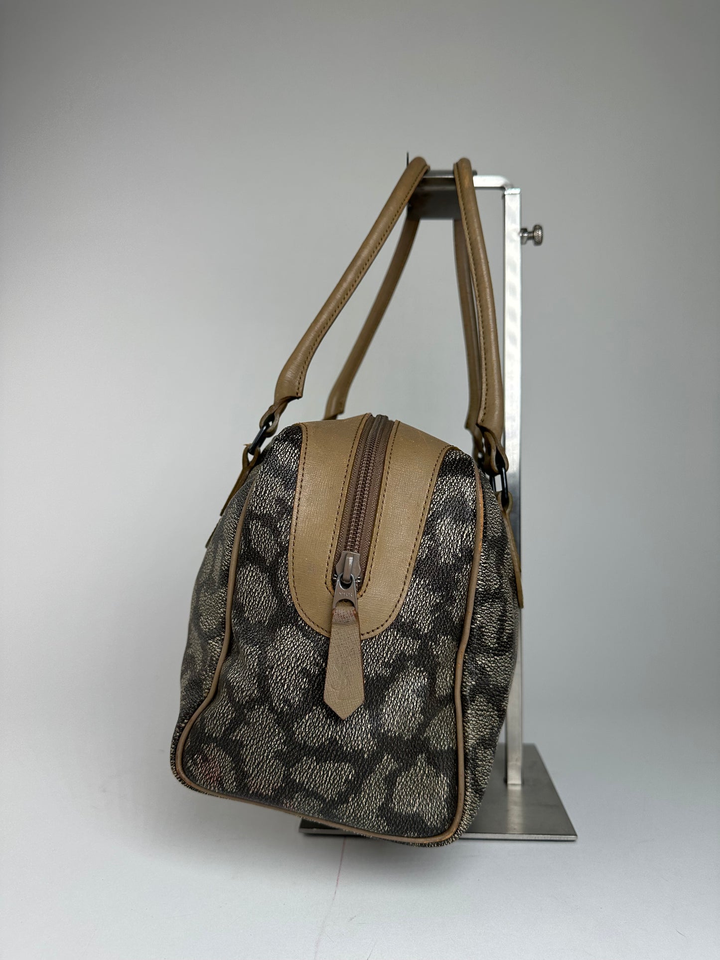 Vintage Yves Saint Laurent Stone Emblossed Leather Boston Bag Grey Black Brown