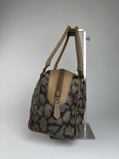 Vintage Yves Saint Laurent Stone Emblossed Leather Boston Bag Grey Black Brown
