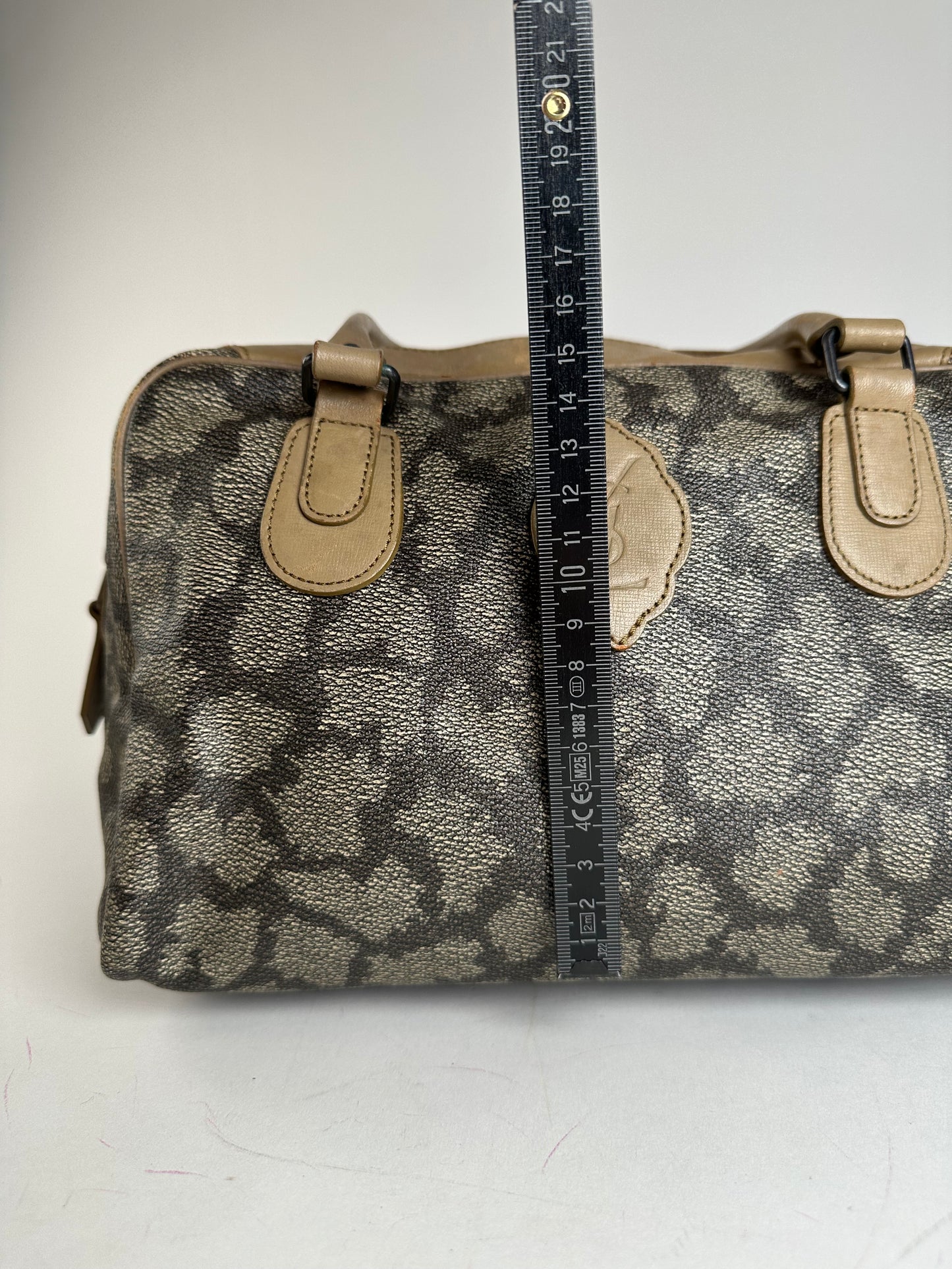 Vintage Yves Saint Laurent Stone Emblossed Leather Boston Bag Grey Black Brown