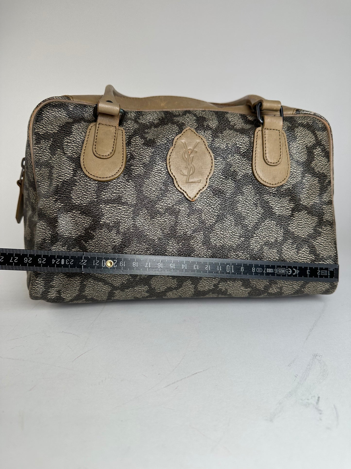 Vintage Yves Saint Laurent Stone Emblossed Leather Boston Bag Grey Black Brown