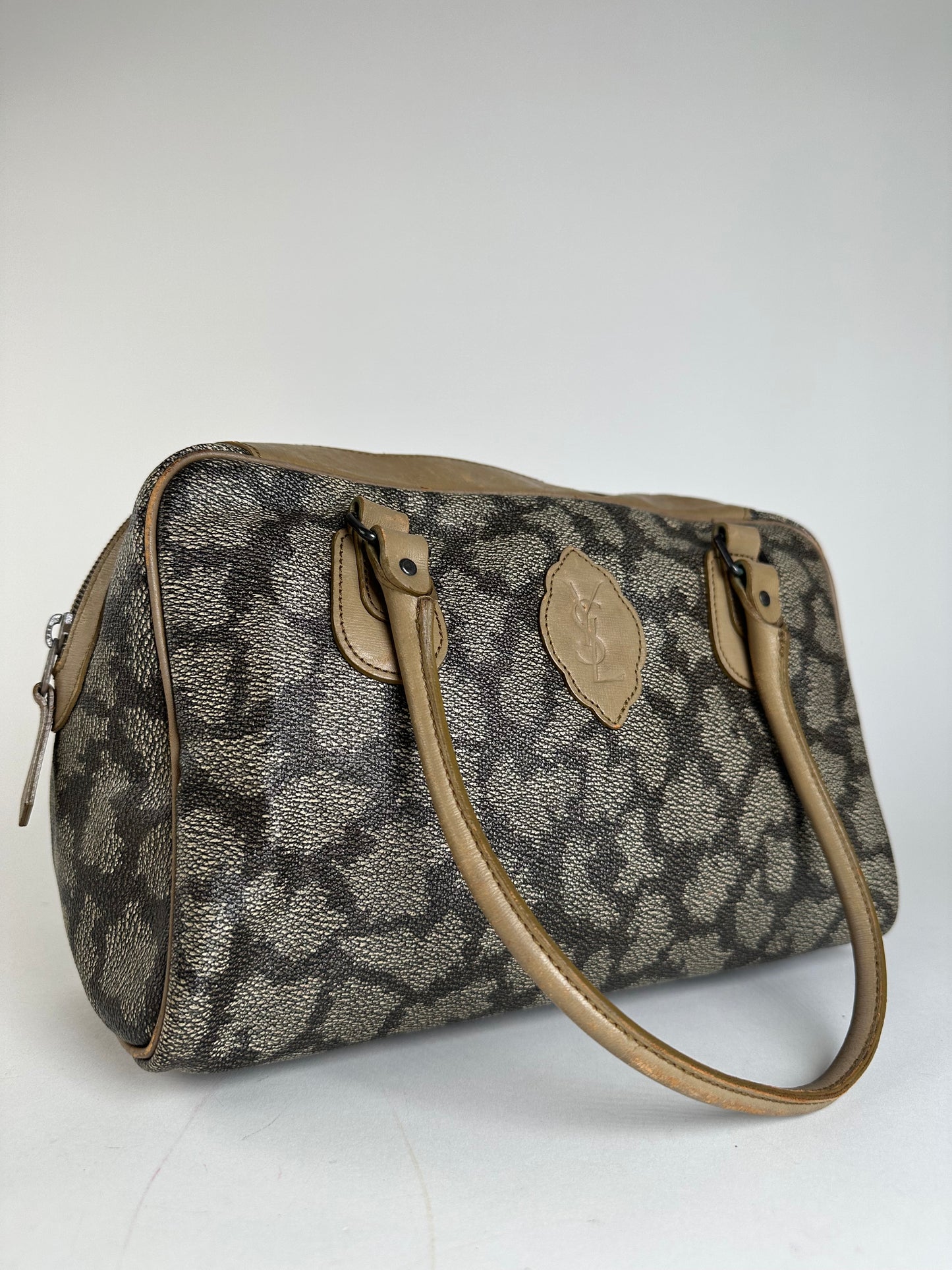 Vintage Yves Saint Laurent Stone Emblossed Leather Boston Bag Grey Black Brown