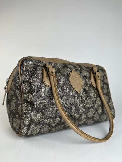 Vintage Yves Saint Laurent Stone Emblossed Leather Boston Bag Grey Black Brown