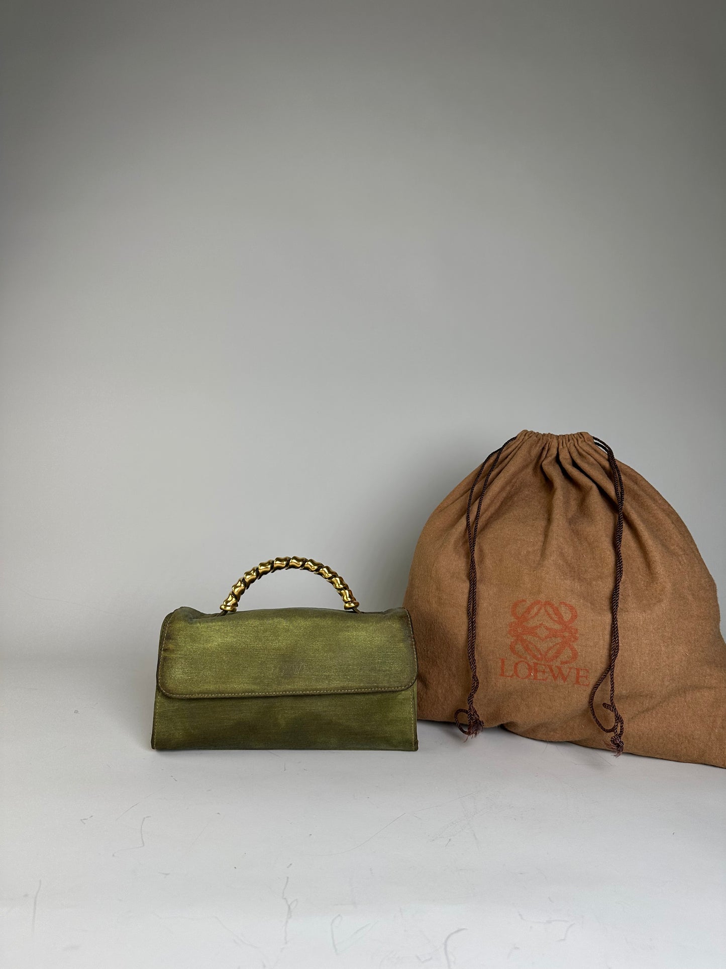 Vintage Loewe Leather Clutch Bag Olive Green Gold