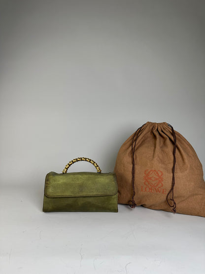 Vintage Loewe Leather Clutch Bag Olive Green Gold