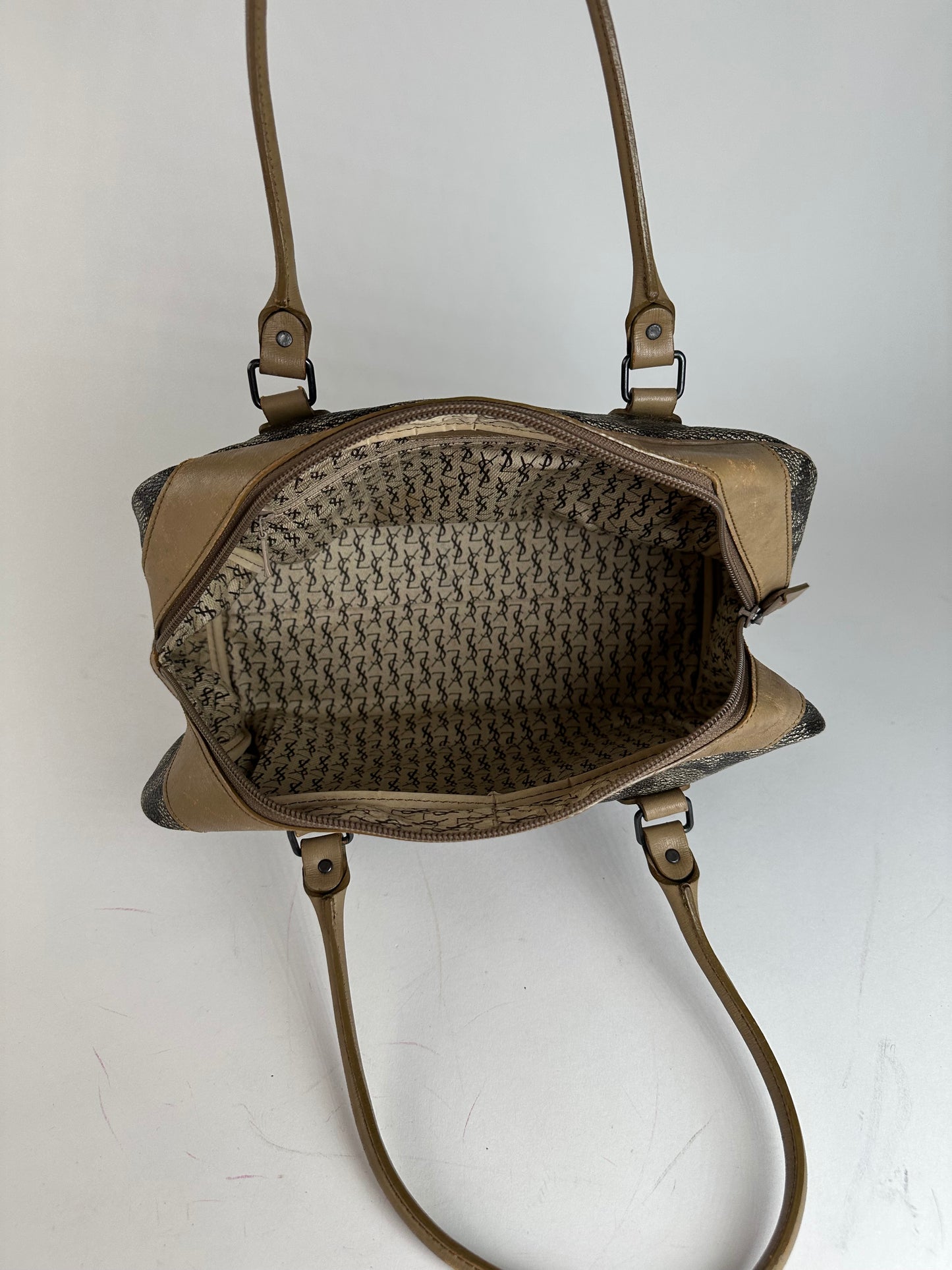Vintage Yves Saint Laurent Stone Emblossed Leather Boston Bag Grey Black Brown