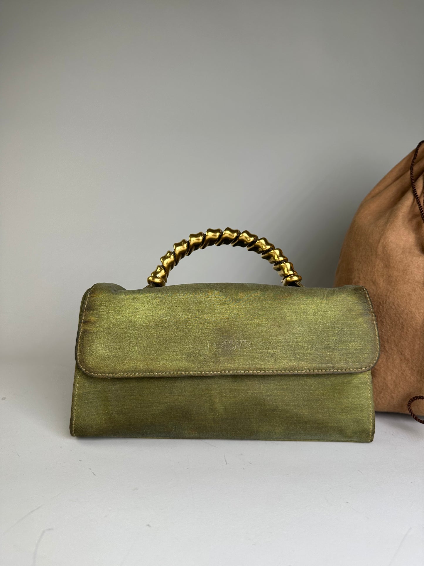 Vintage Loewe Leather Clutch Bag Olive Green Gold