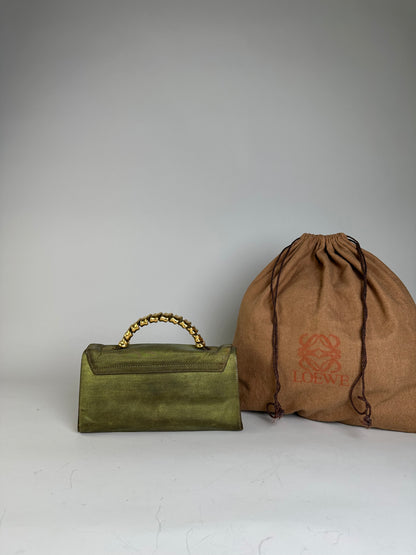 Vintage Loewe Leather Clutch Bag Olive Green Gold