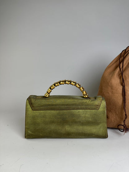 Vintage Loewe Leather Clutch Bag Olive Green Gold