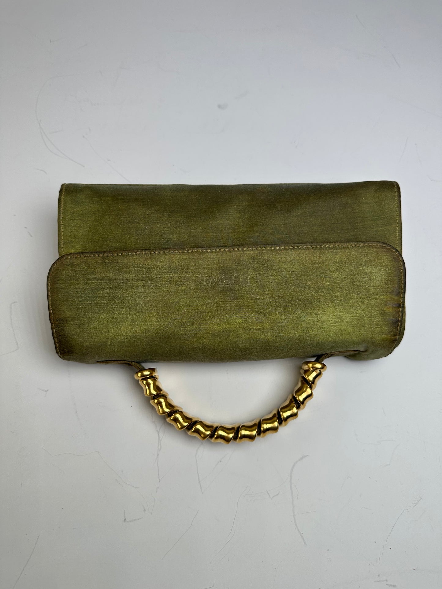 Vintage Loewe Leather Clutch Bag Olive Green Gold