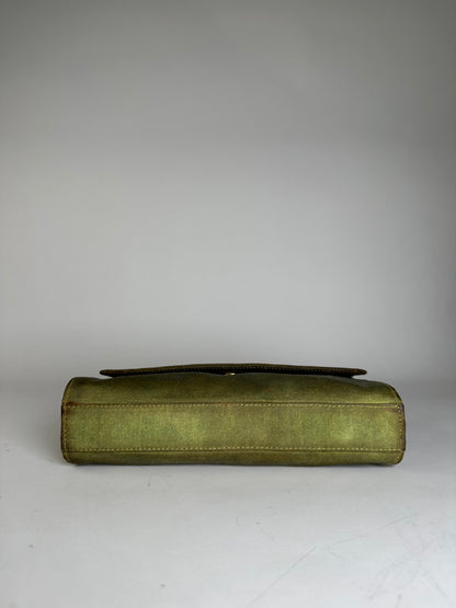 Vintage Loewe Leather Clutch Bag Olive Green Gold