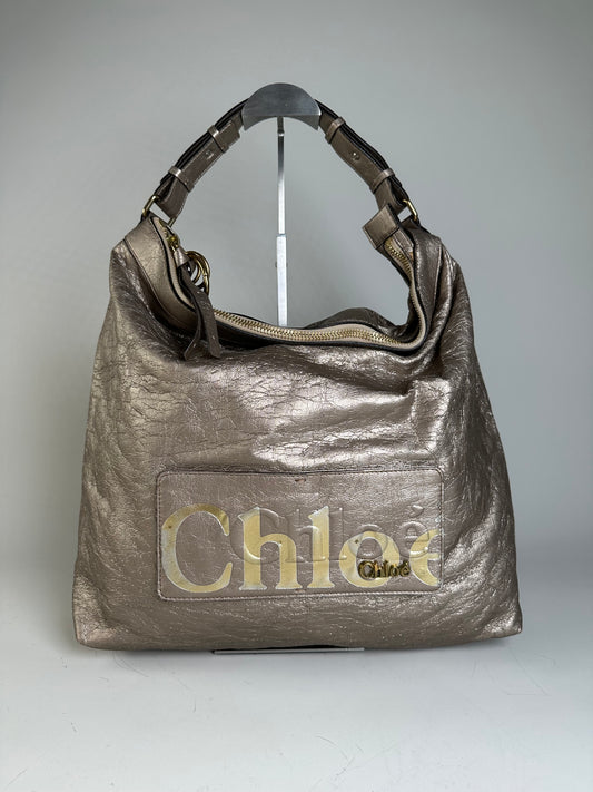 Vintage Chloe Metallic Leather Tote Taupe Gold