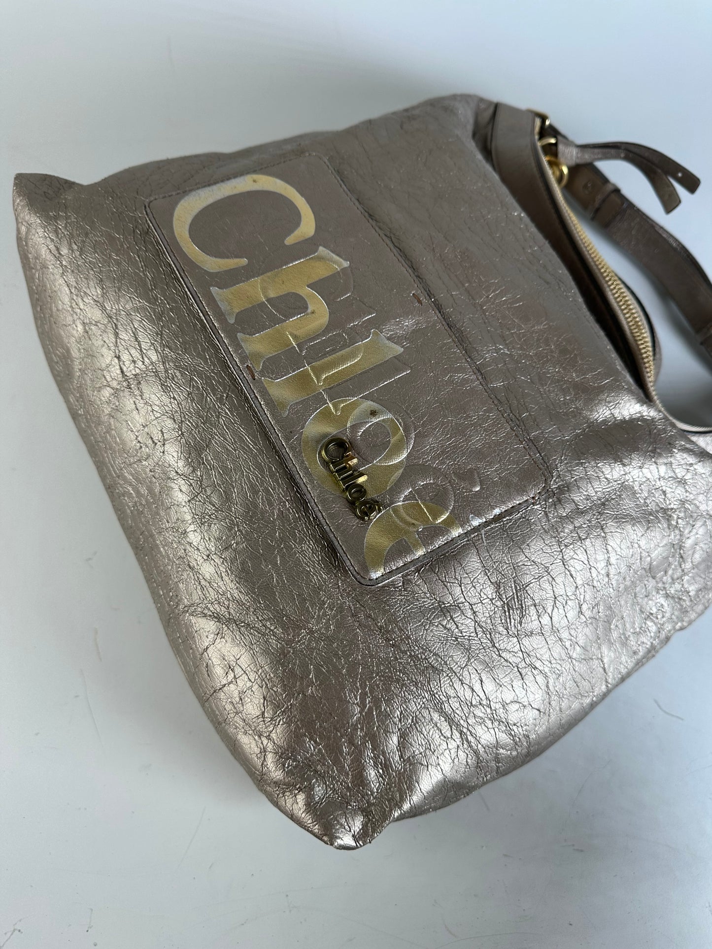 Vintage Chloe Metallic Leather Tote Taupe Gold