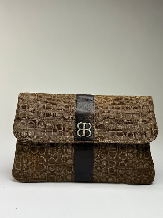 Vintage Balenciaga BB Monogram Jacquard Clutch Late 1970s Brown Beige