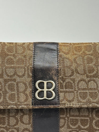 Vintage Balenciaga BB Monogram Jacquard Clutch Late 1970s Brown Beige
