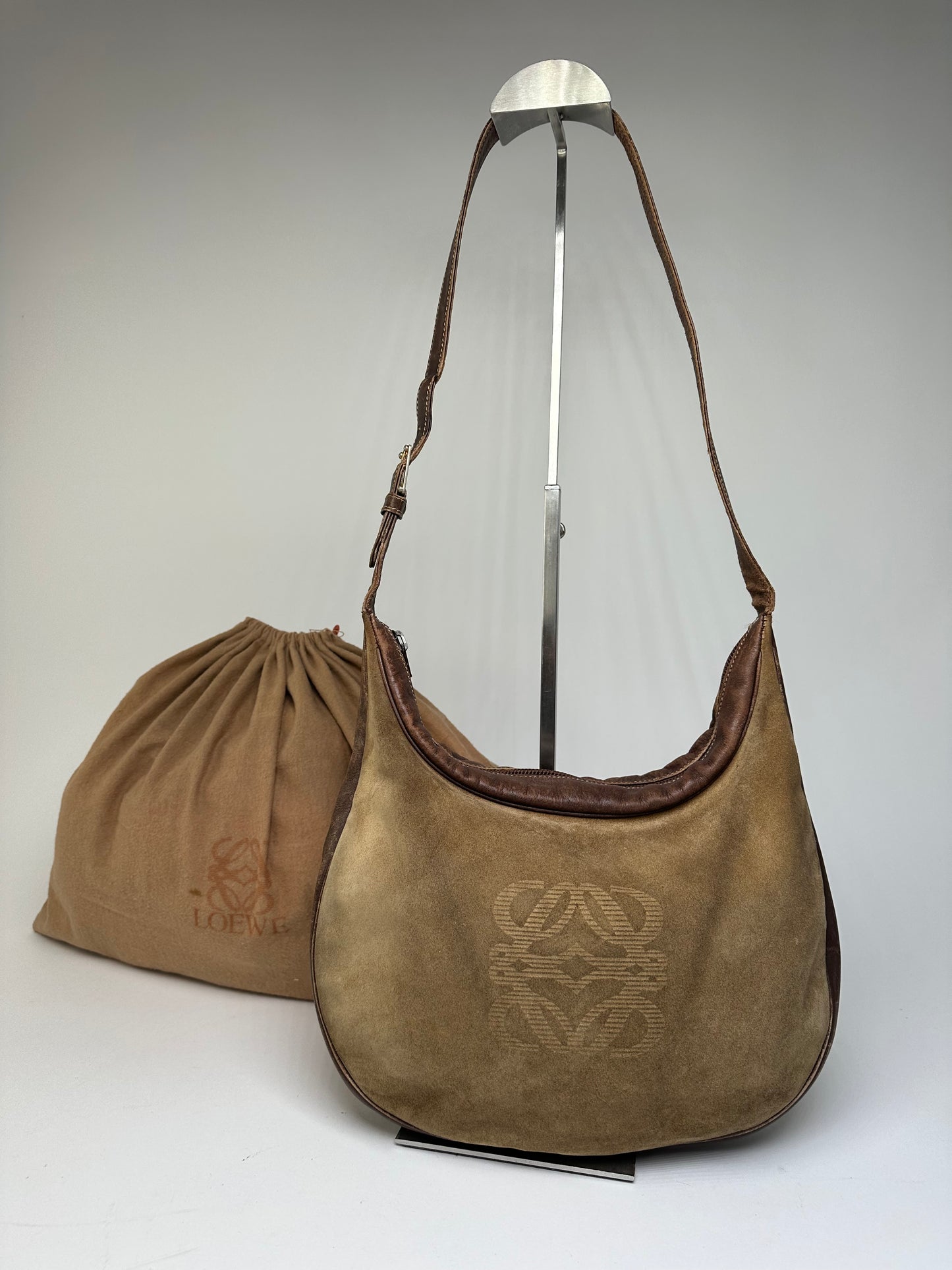 Vintage Loewe Suede Leather Shoulder Bag Beige Brown