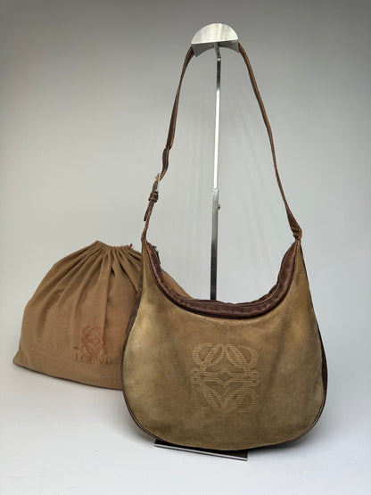 Vintage Loewe Suede Leather Shoulder Bag Beige Brown