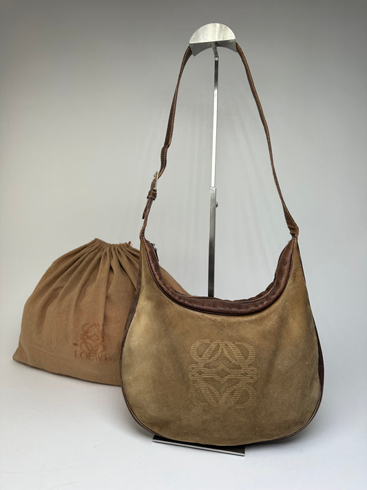 Vintage Loewe Suede Leather Shoulder Bag Beige Brown