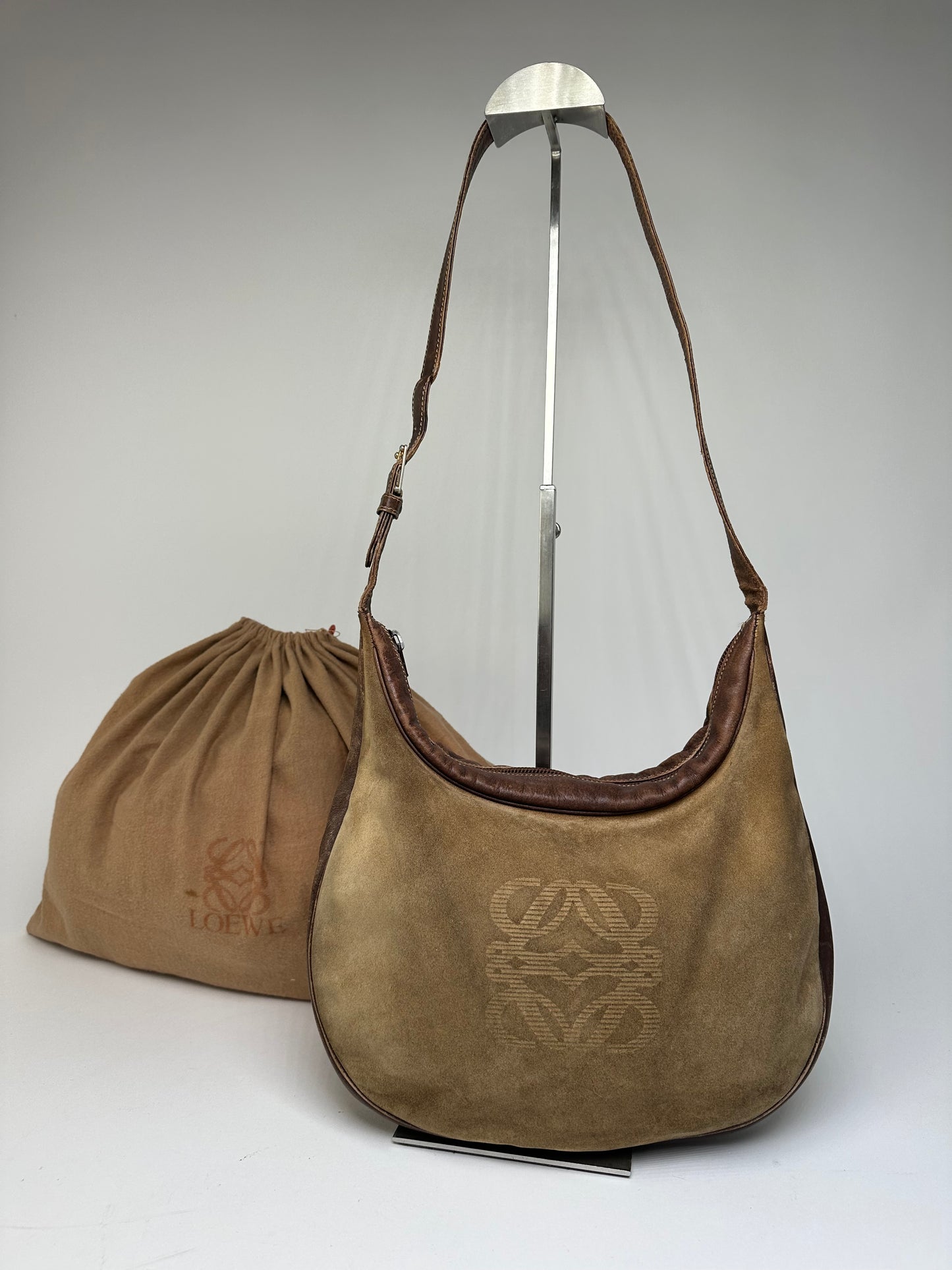 Vintage Loewe Suede Leather Shoulder Bag Beige Brown