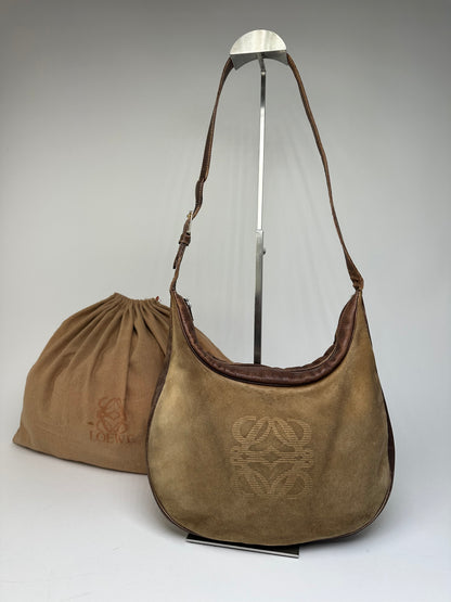 Vintage Loewe Suede Leather Shoulder Bag Beige Brown