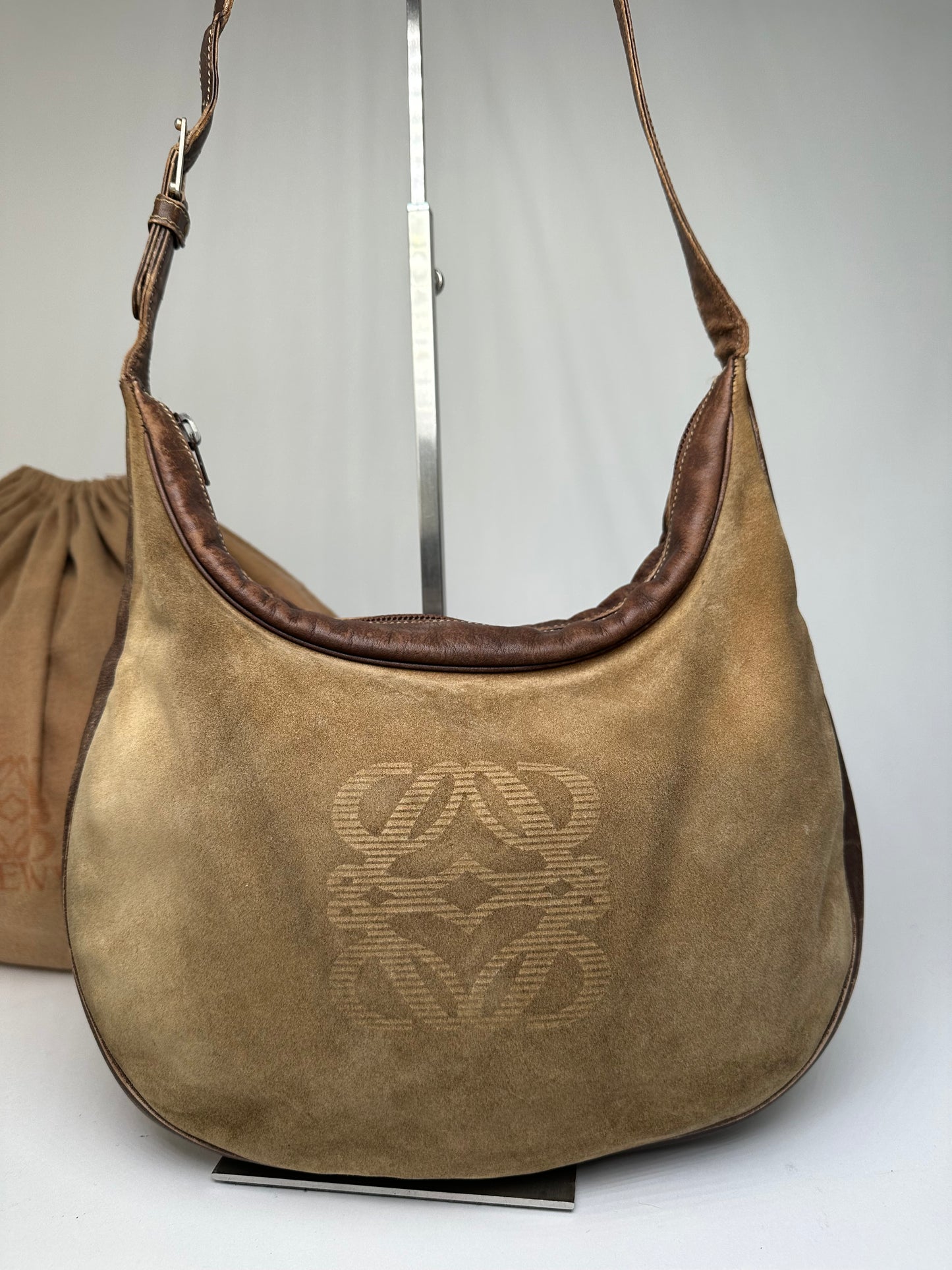 Vintage Loewe Suede Leather Shoulder Bag Beige Brown