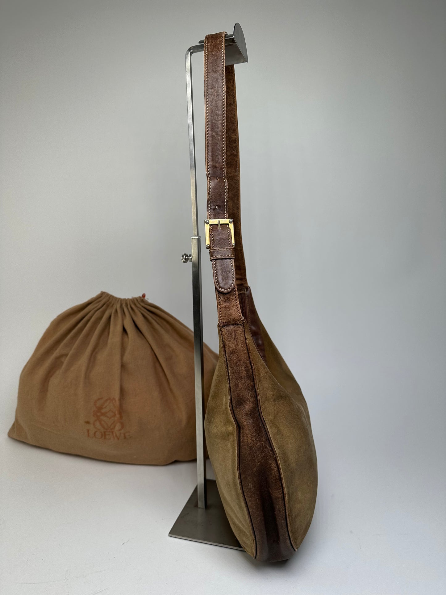 Vintage Loewe Suede Leather Shoulder Bag Beige Brown
