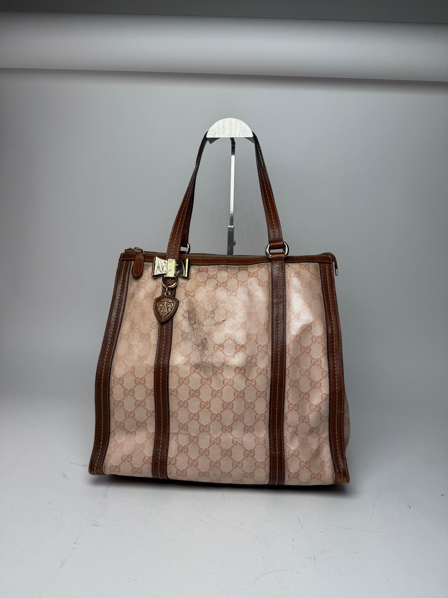 Vintage Gucci Leather Monogram Handbag Pink Brown