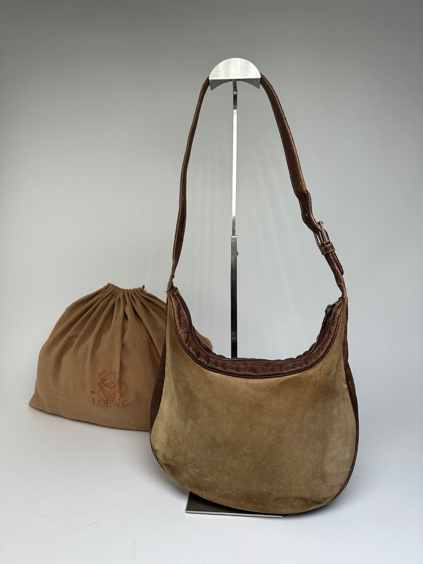 Vintage Loewe Suede Leather Shoulder Bag Beige Brown