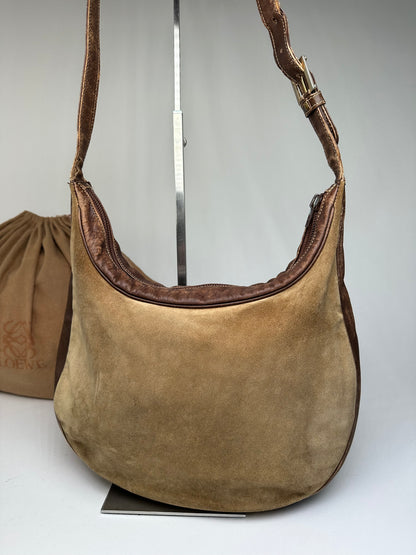 Vintage Loewe Suede Leather Shoulder Bag Beige Brown