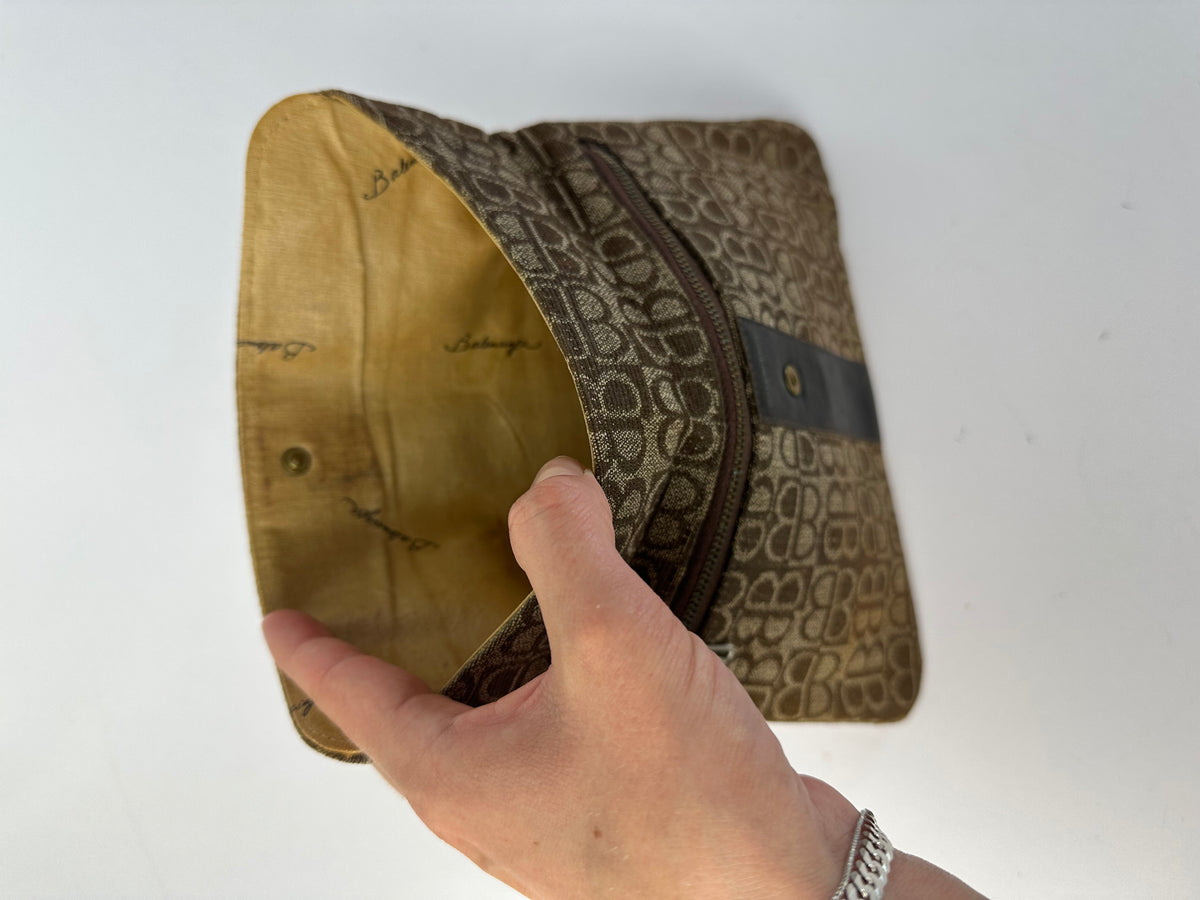 Vintage Balenciaga BB Monogram Jacquard Clutch Late 1970s Brown Beige