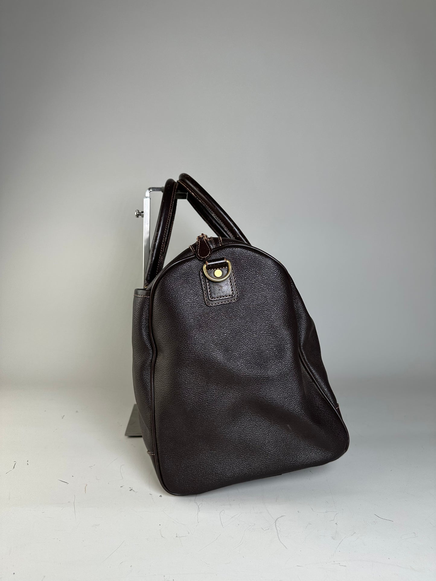 Vintage Burberry Leather Duffle Bag Dark Brown Gold