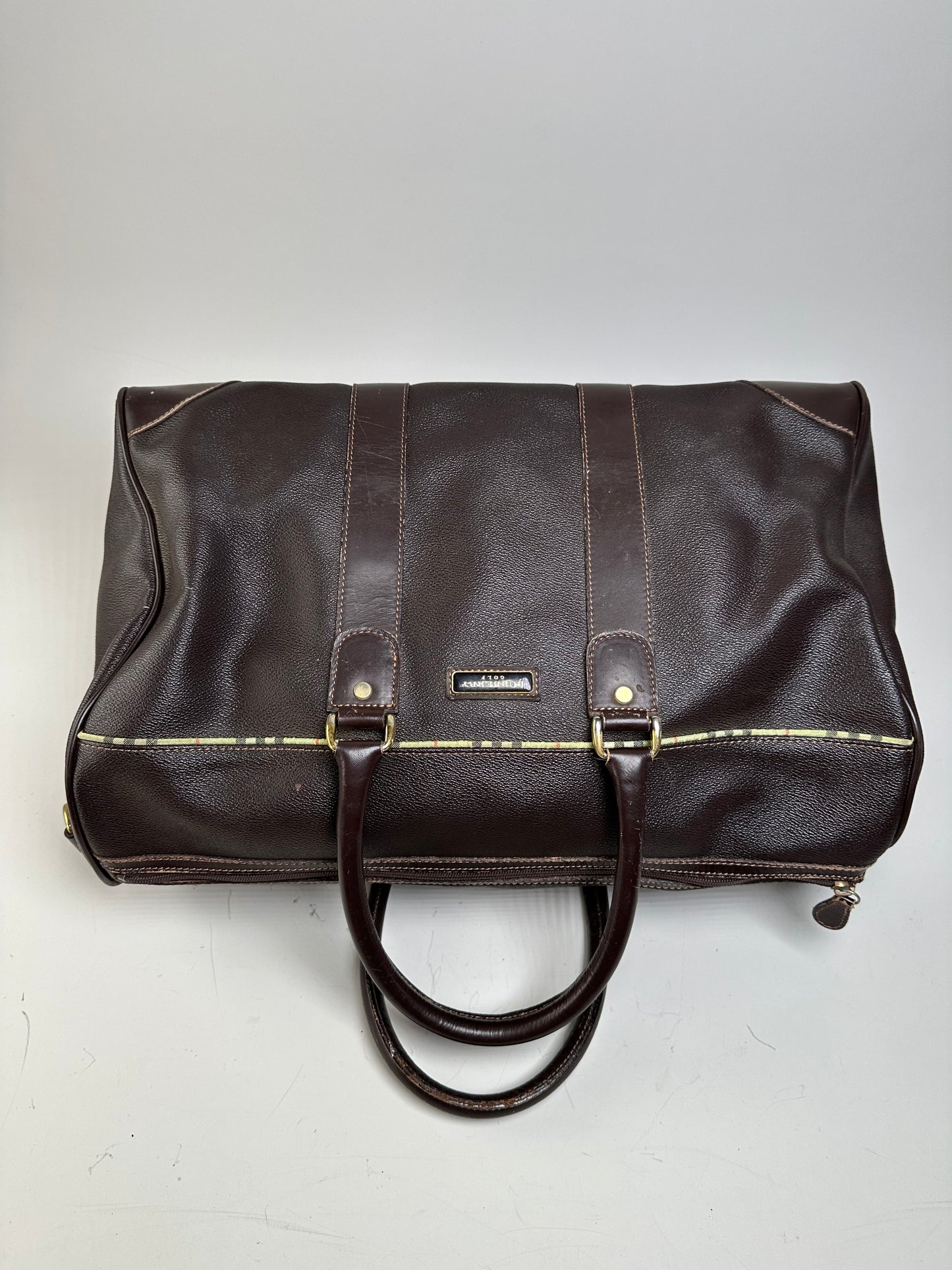 Vintage Burberry Leather Duffle Bag Dark Brown Gold