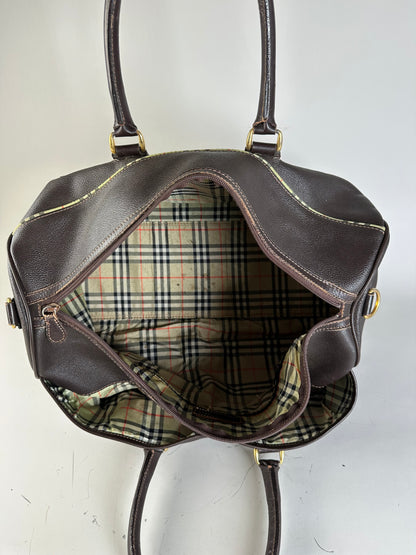 Vintage Burberry Leather Duffle Bag Dark Brown Gold